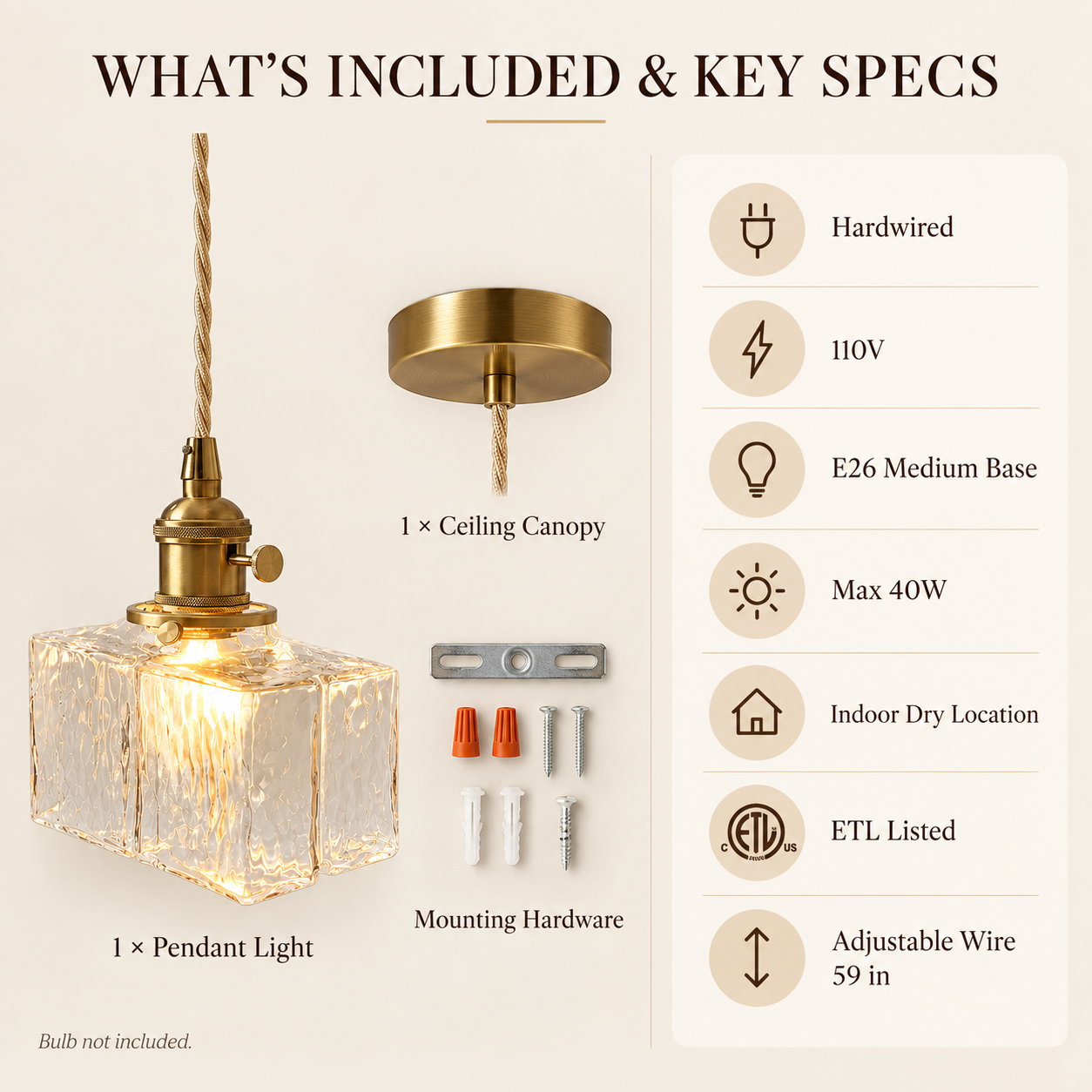 Textured glass pendant light with canopy mounting hardware and key specifications