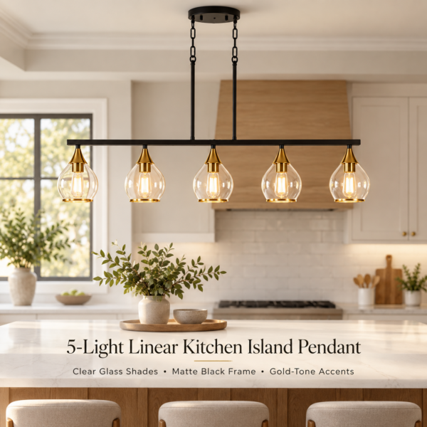 Five-light kitchen island pendant with clear glass shades