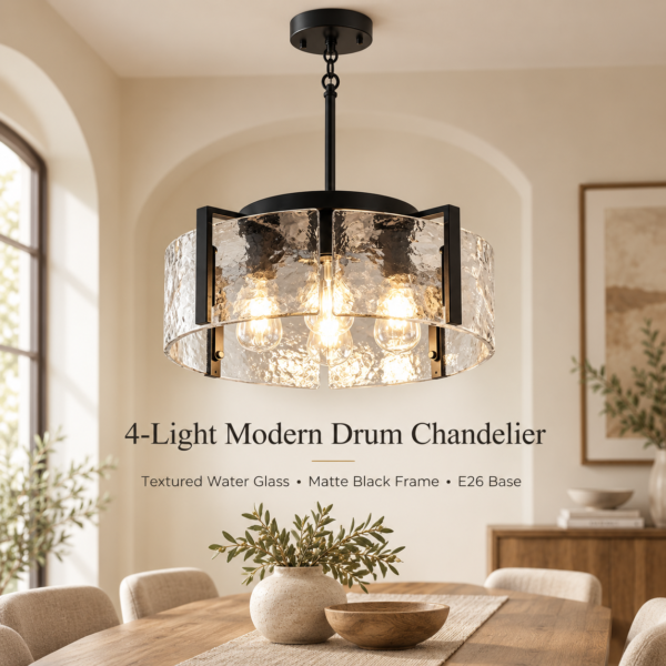 4-light drum chandelier with textured water glass shades and matte black frame in a dining room