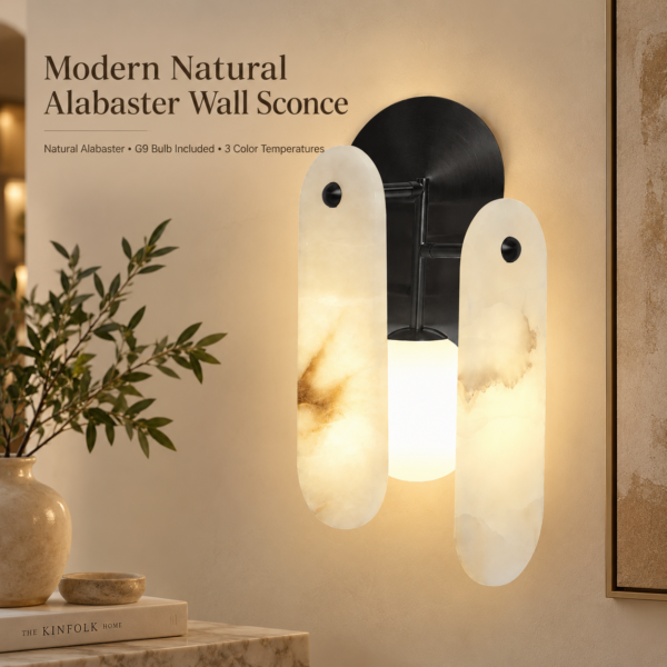 Natural alabaster wall sconce with matte black frame