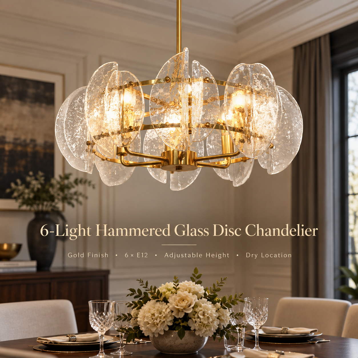 6-light hammered glass chandelier with gold finish and clear textured glass discs above a dining table