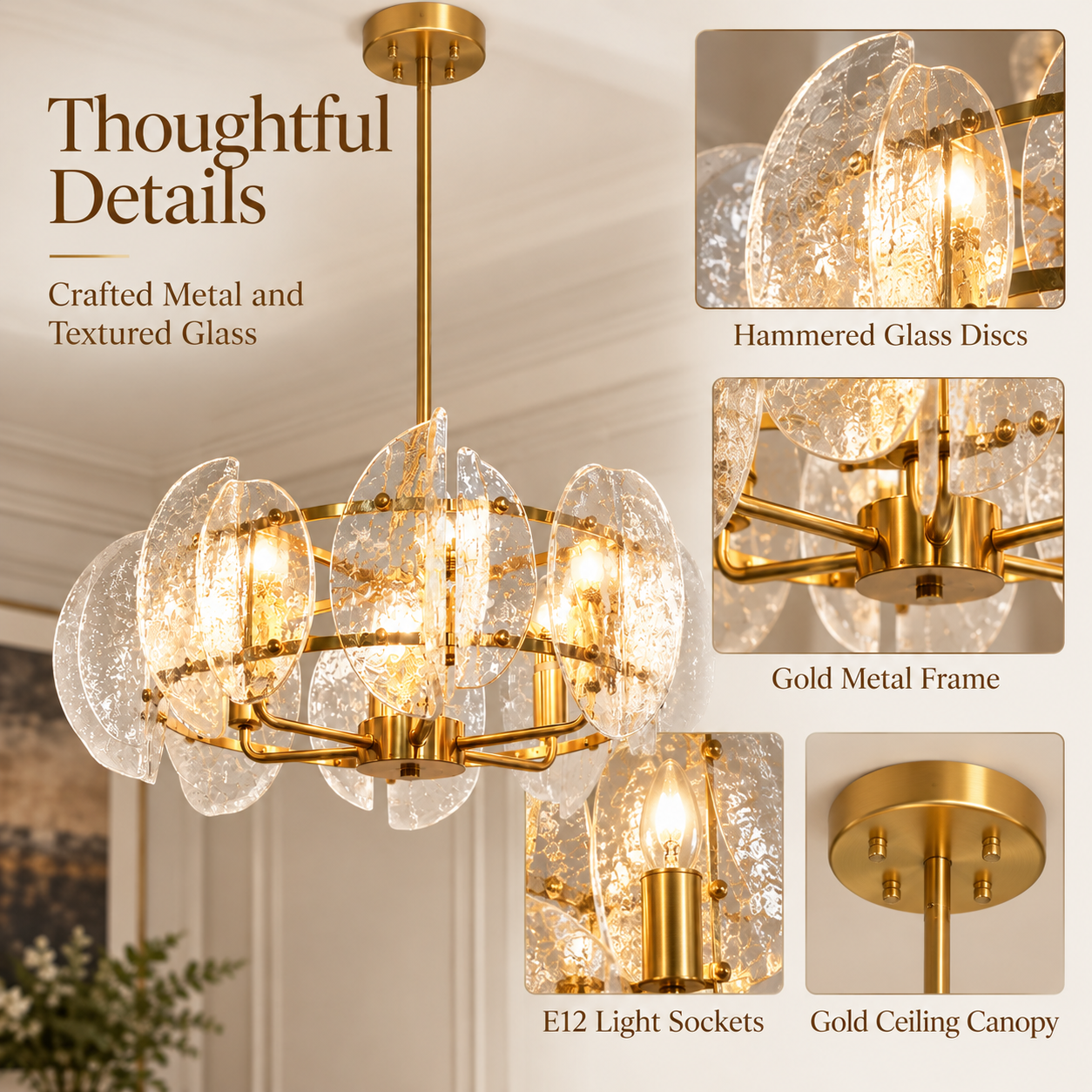 Close-up details of hammered glass disc chandelier with gold metal frame, E12 sockets and gold ceiling canopy