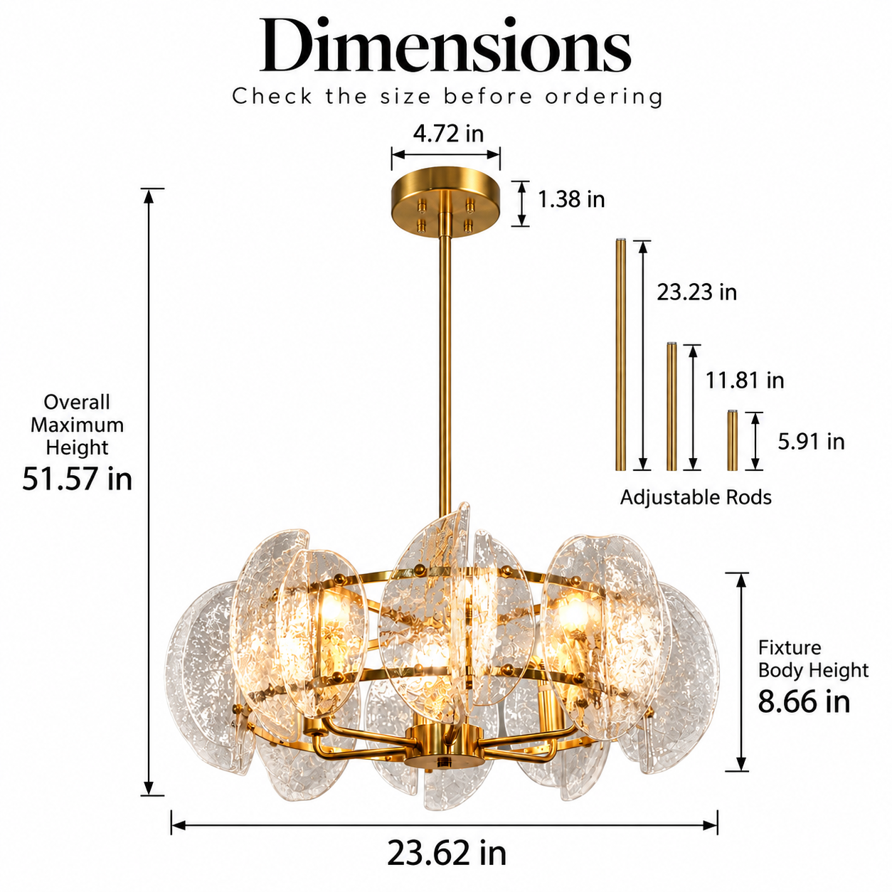 6-light hammered glass chandelier dimensions showing 23.62-inch width and 51.57-inch maximum height