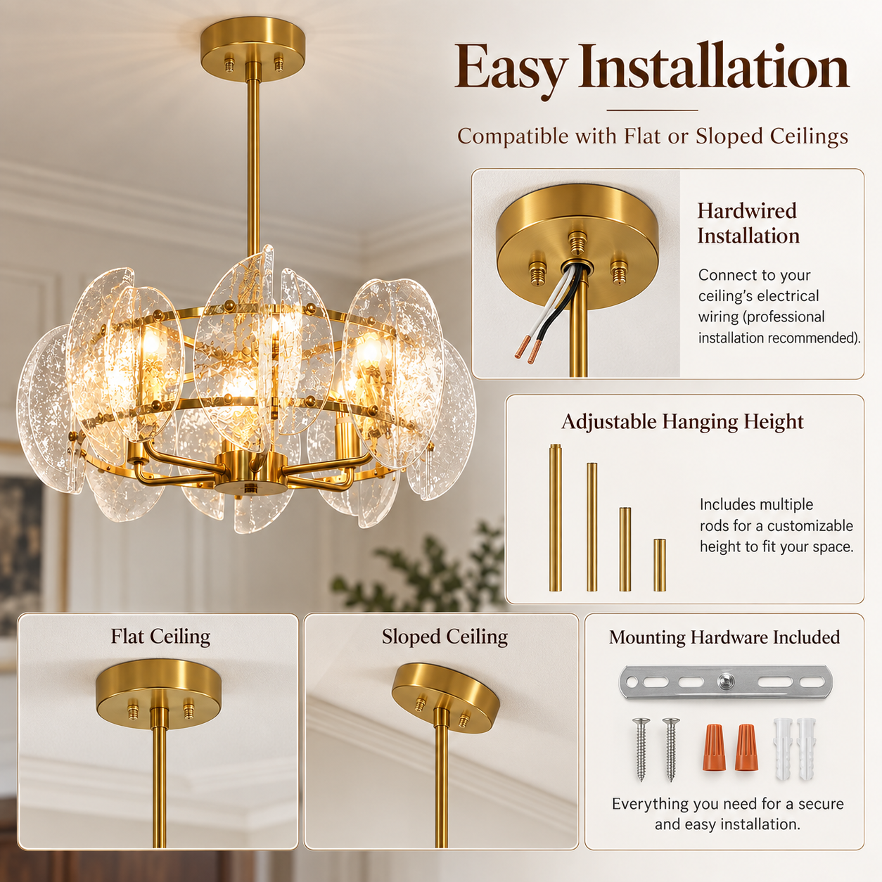 Hardwired hammered glass chandelier with adjustable rods for flat or sloped ceiling installation