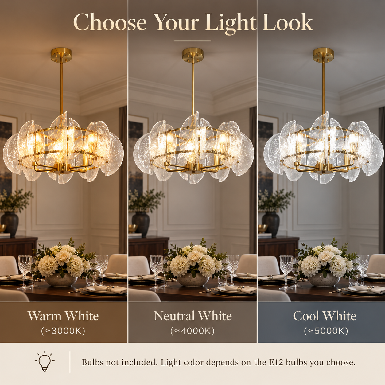 Hammered glass chandelier shown with warm neutral and cool light appearances using different E12 bulb color temperatures