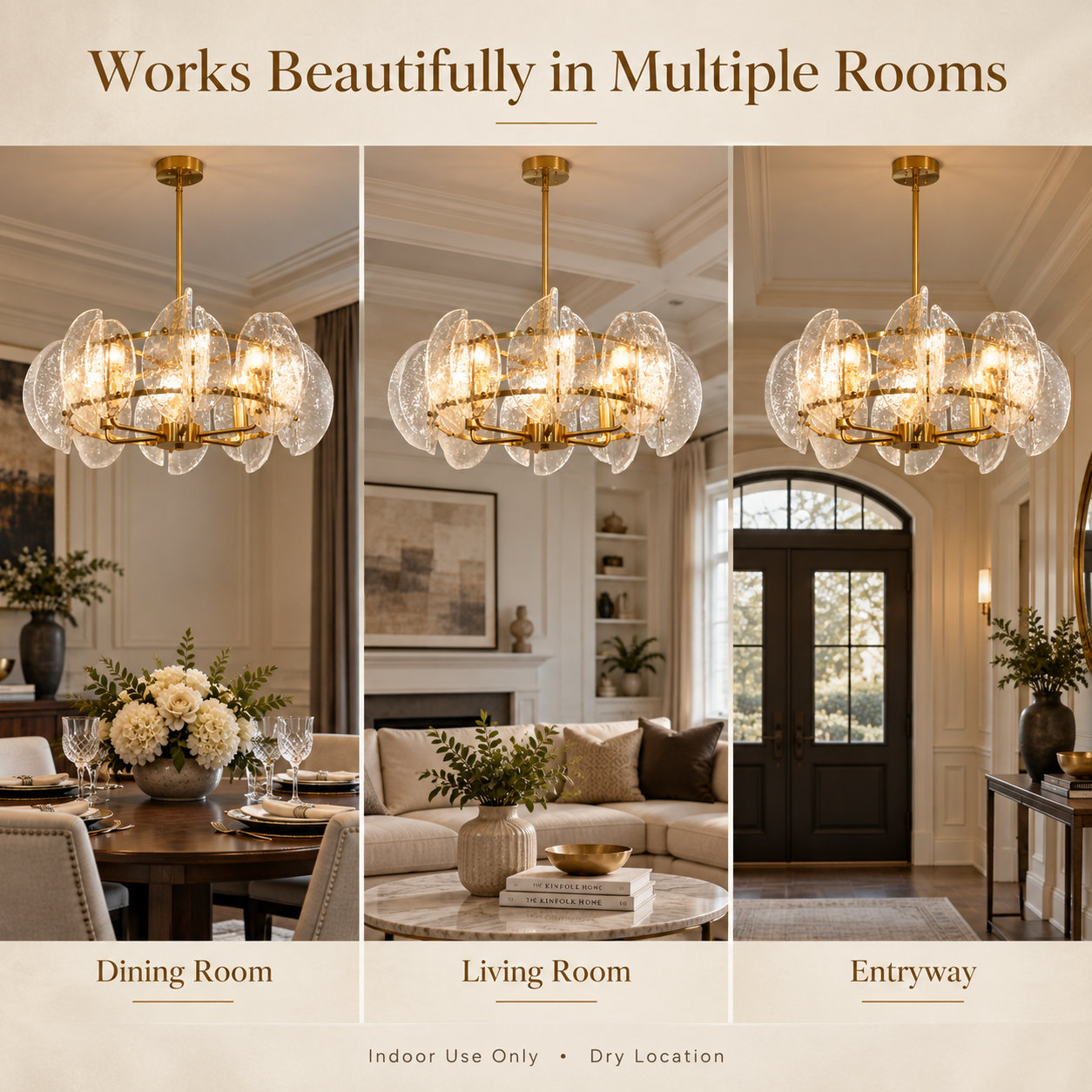 Gold hammered glass chandelier shown in dining room living room and entryway indoor dry spaces