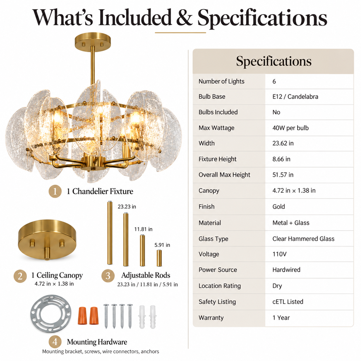 6-light hammered glass chandelier key specifications including E12 sockets, gold finish and adjustable hanging height