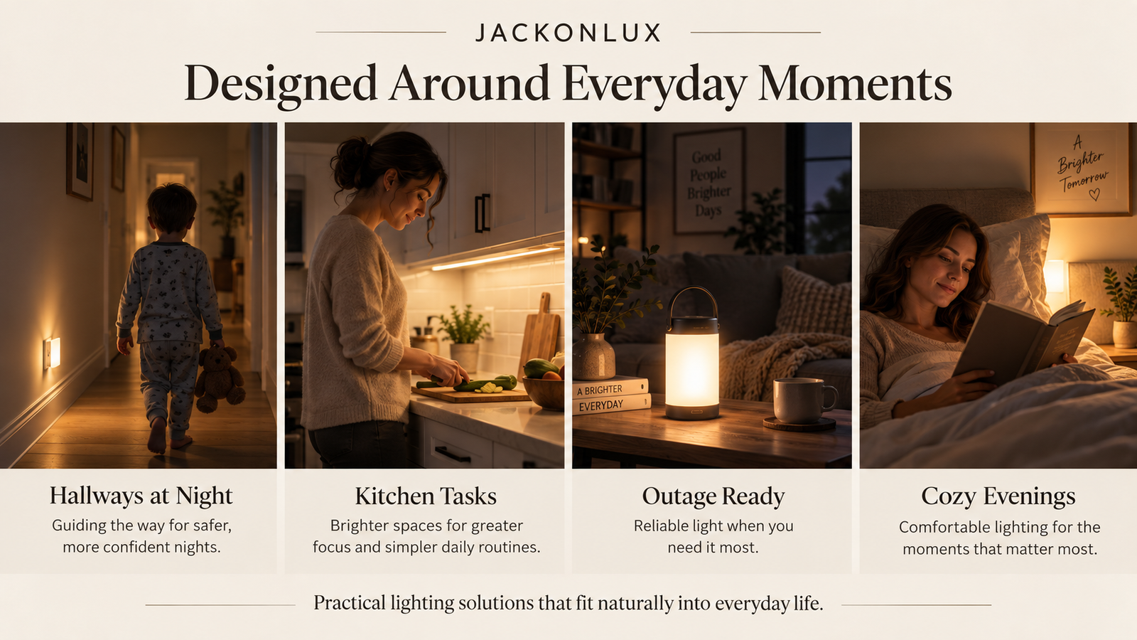 Four everyday lighting moments including a hallway, kitchen, outage-ready living room and cozy bedroom