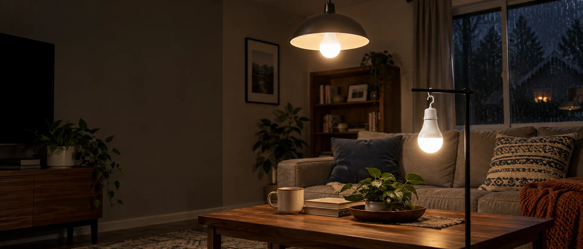 Rechargeable emergency LED bulbs providing calm backup light during an outage