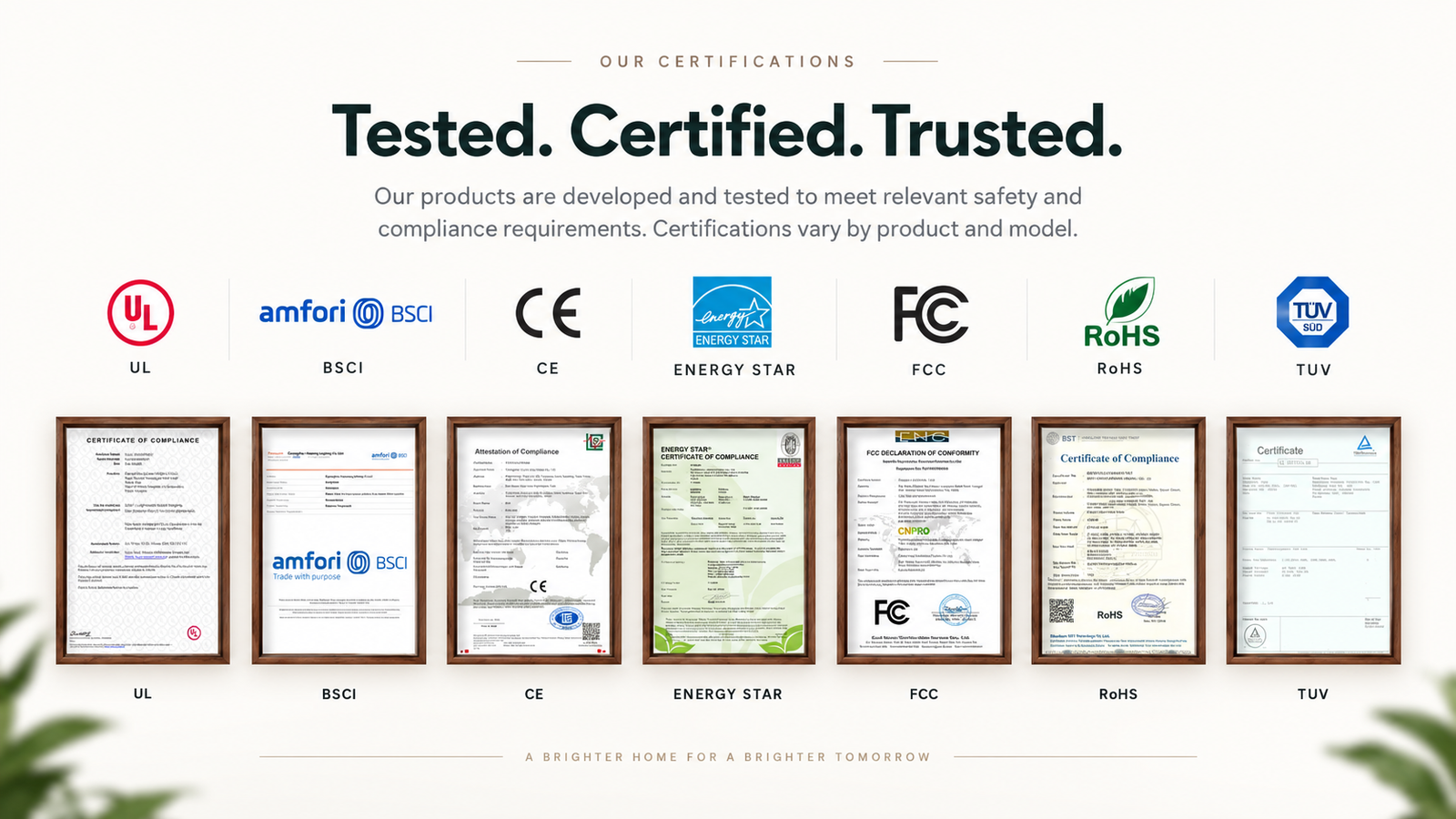 JackonLux product certification overview featuring UL, BSCI, CE, ENERGY STAR, FCC, RoHS and TUV