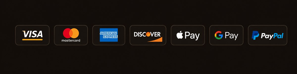 Accepted payment methods: Visa, Mastercard, American Express, Discover, Apple Pay, Google Pay and PayPal