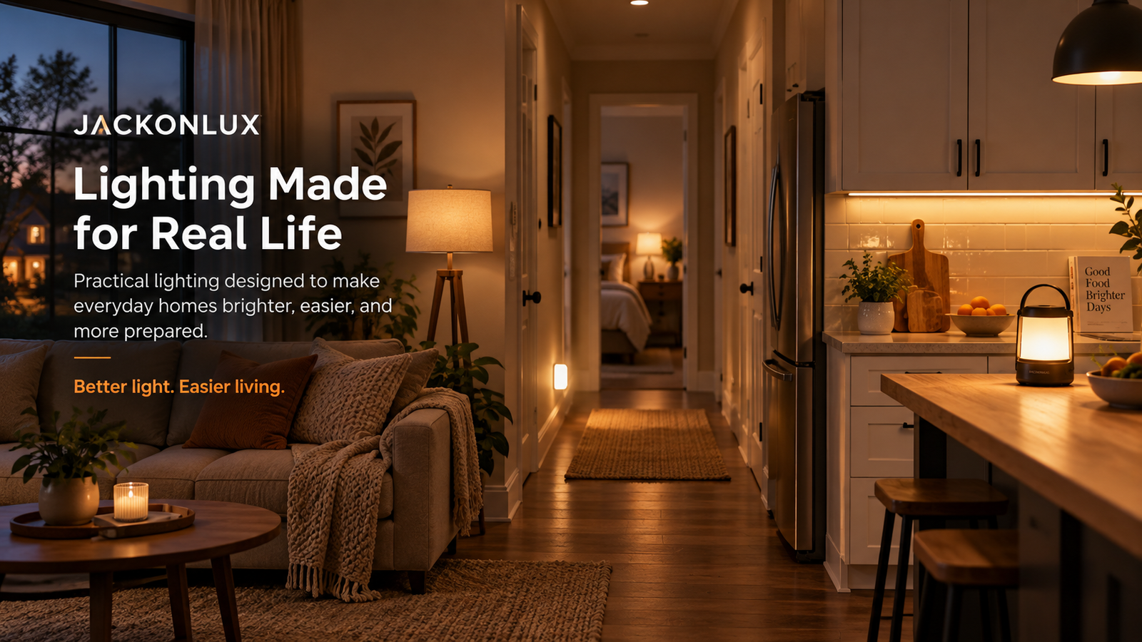 Warm family home illuminated by JackonLux practical lighting across the living room, hallway and kitchen
