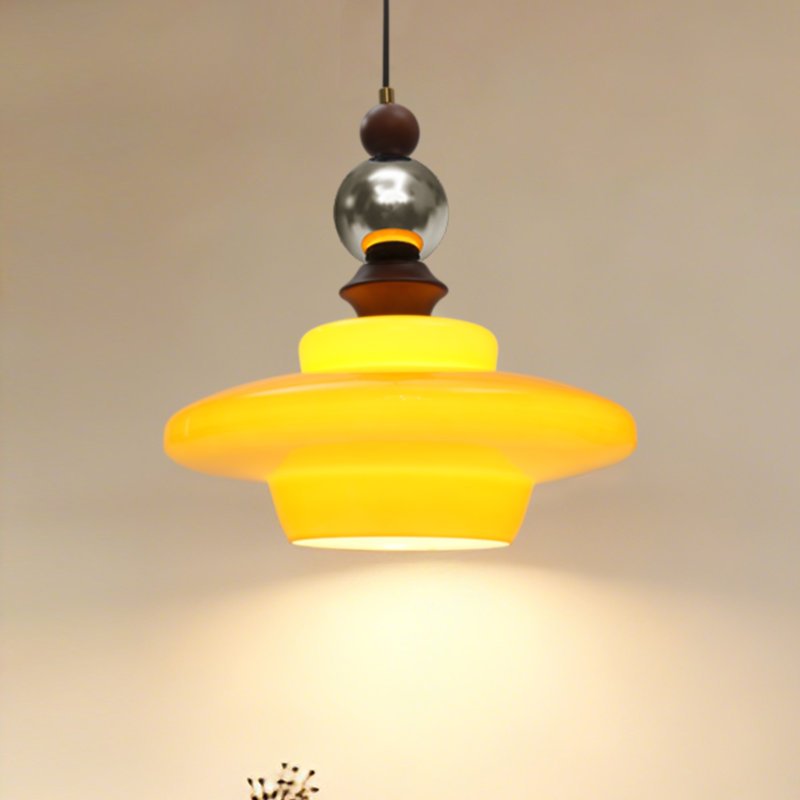 JackonLux Yellow Glass UFO Pendant Light with Wood Accents product view 3