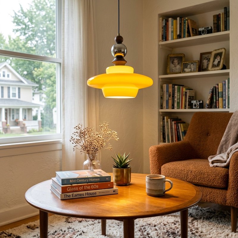 JackonLux Yellow Glass UFO Pendant Light with Wood Accents product view 4