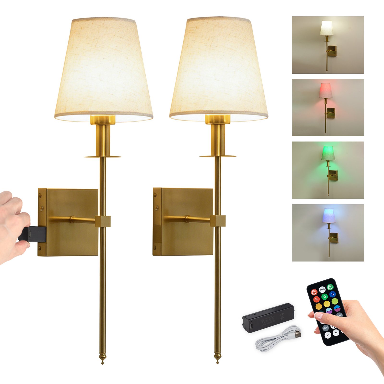 JackonLux Wireless Fabric Shade Wall Sconces with Removable Battery, Set of 2