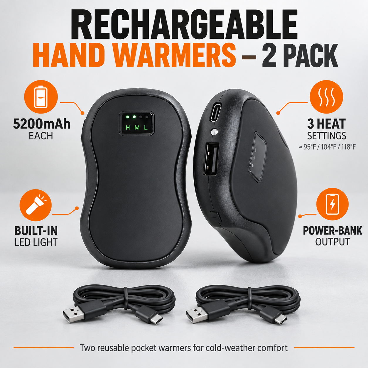 JackonLux hand warmer controls with USB-C input LED flashlight USB-A output and separate side buttons