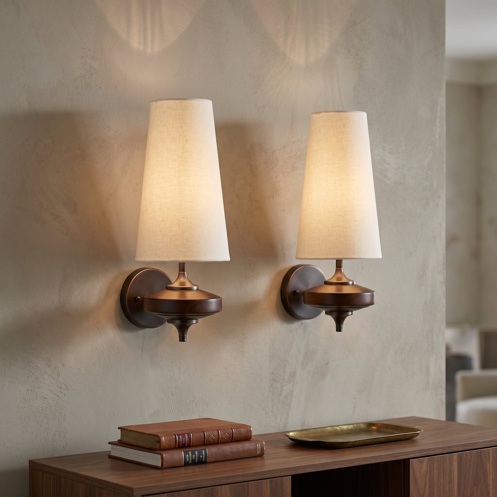 JackonLux Retro Fabric Shade Wall Sconces with Wood Base, Set of 2