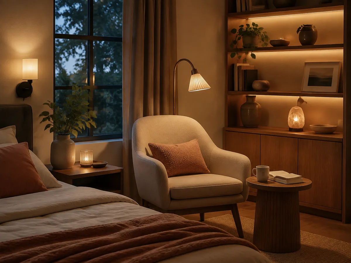 Comfortable bedroom reading corner with soft ambient lighting