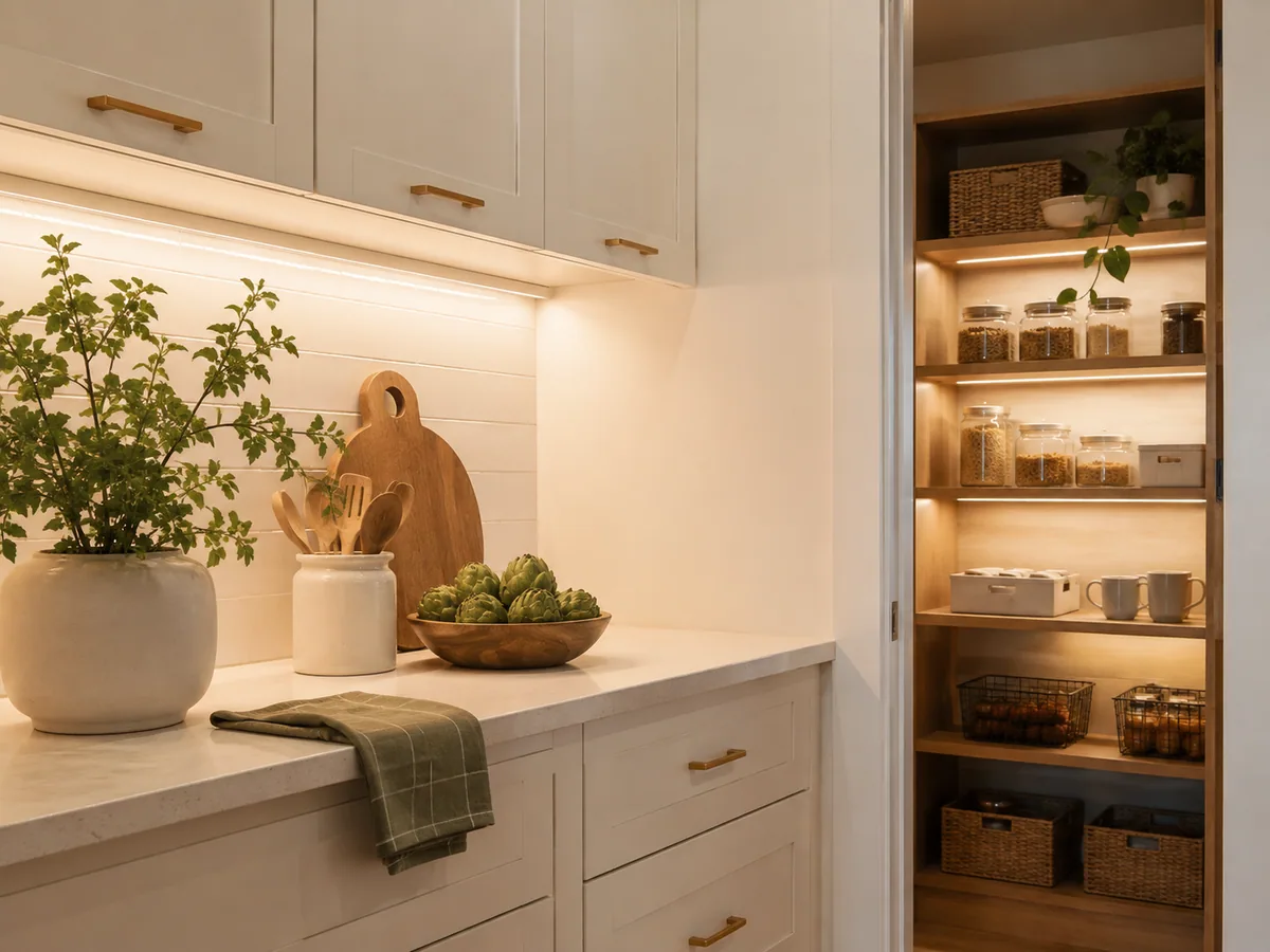 Kitchen counter and pantry with warm under-cabinet lighting