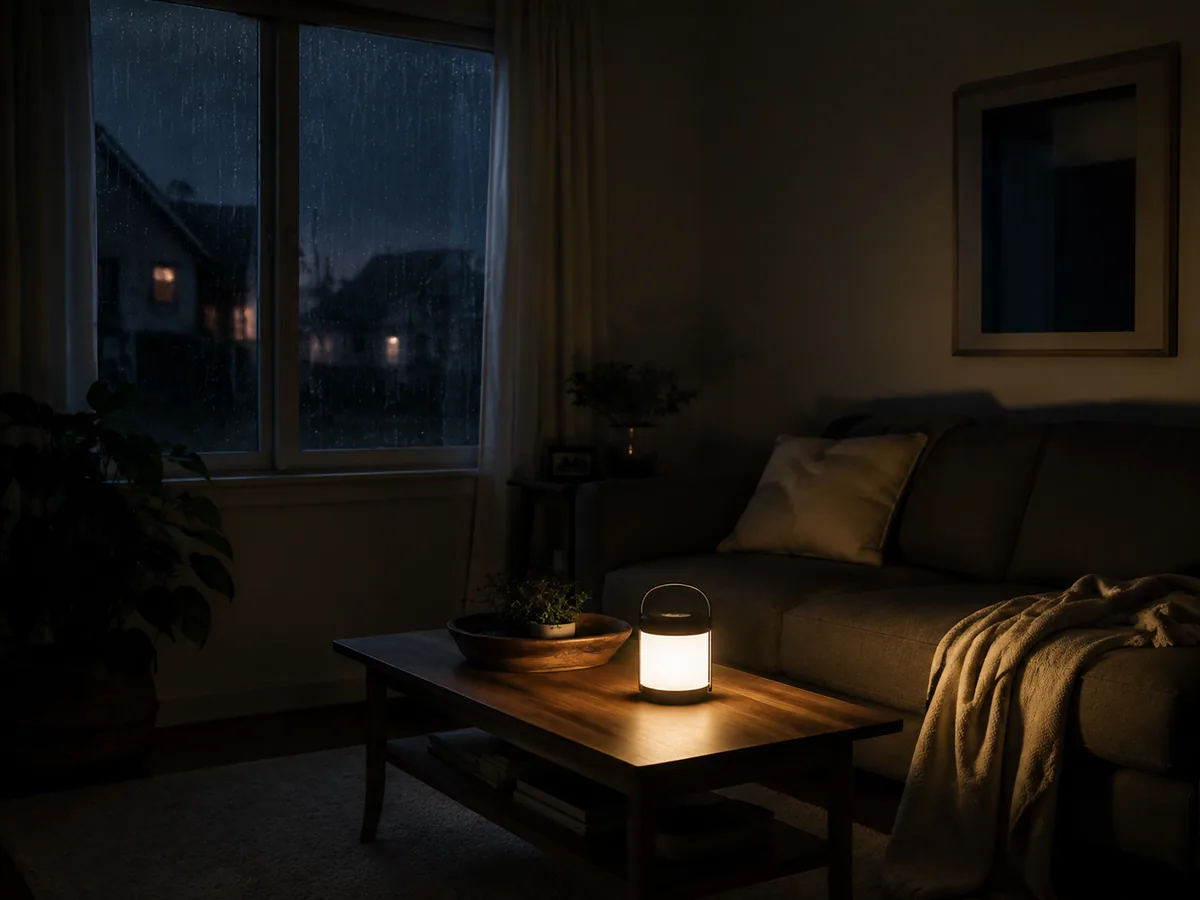Living room softly lit during an evening power outage