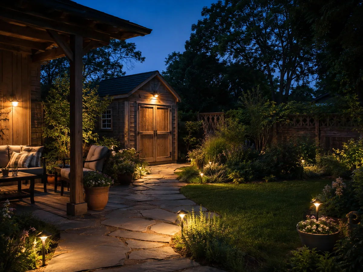 Backyard patio and garden path with practical outdoor lighting at dusk