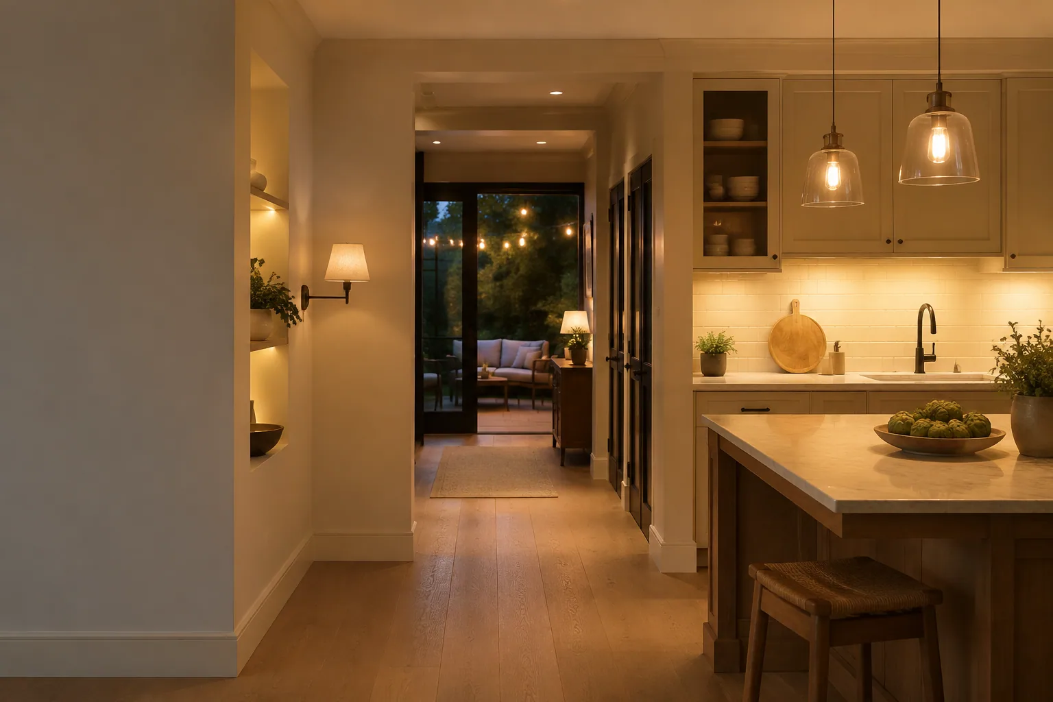 Warm home interior with layered kitchen, hallway, and patio lighting