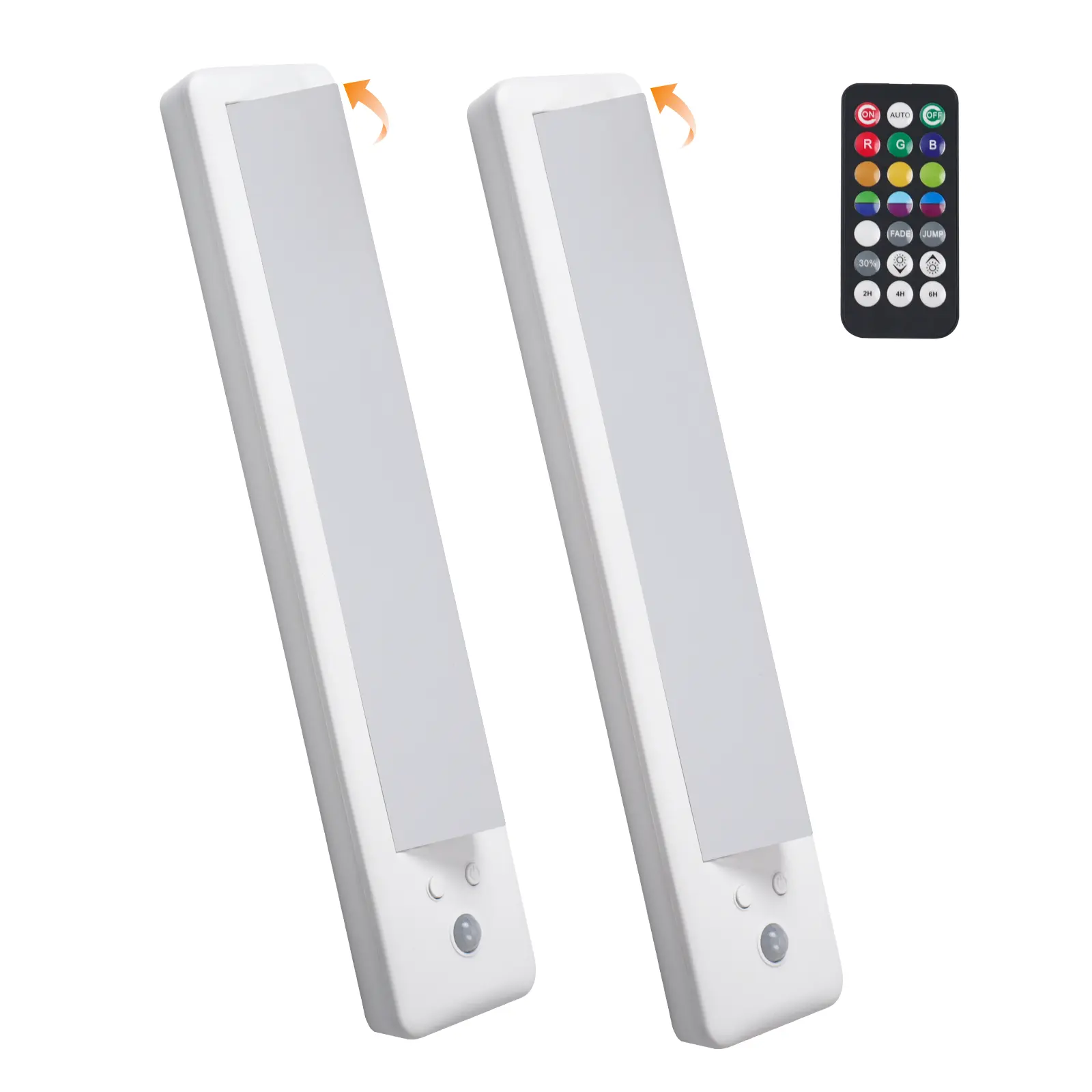 Two white swivel LED cabinet lights with RGB remote control