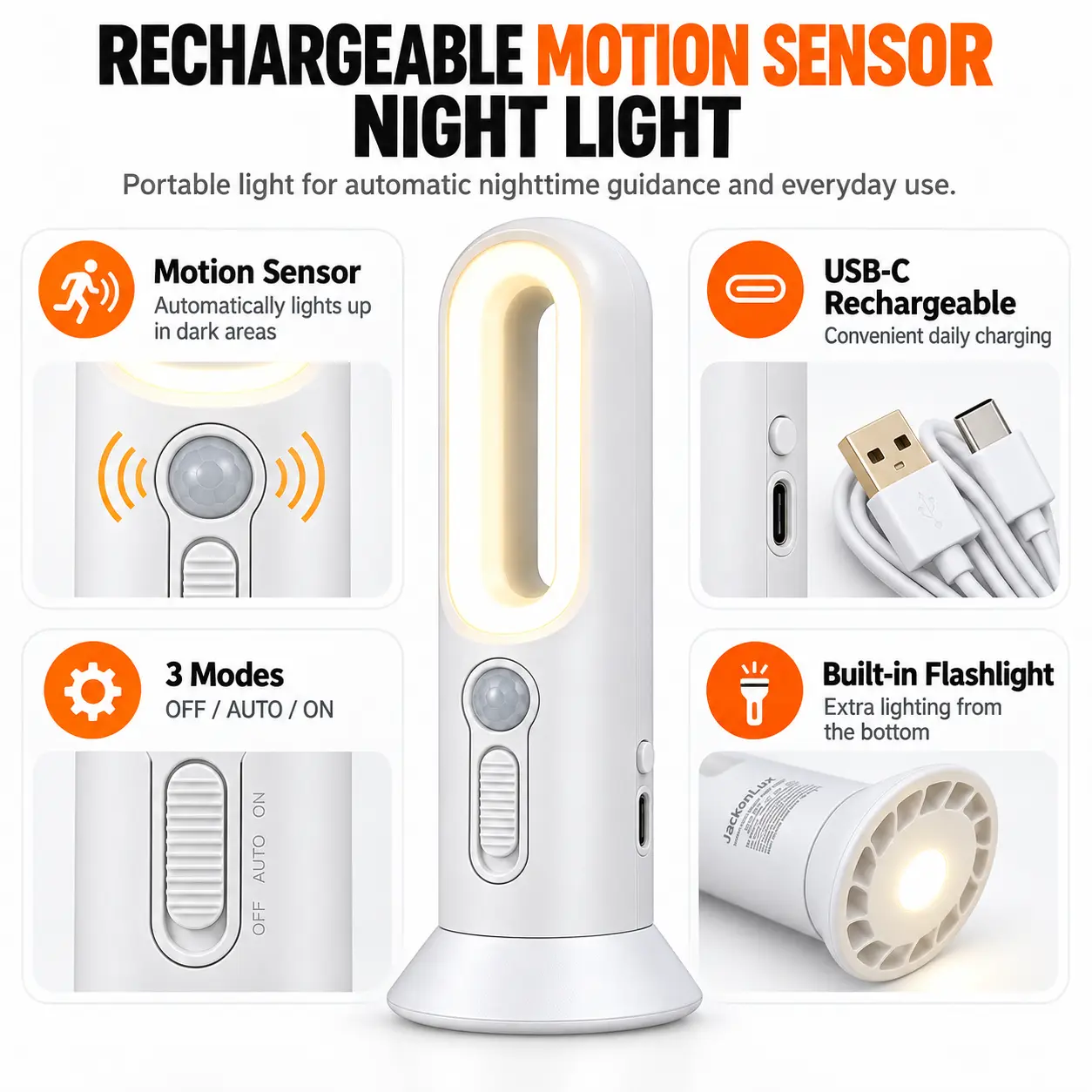 Rechargeable Motion Sensor Night Light Flashlights, 2 Pack: rechargeable Motion Sensor Features