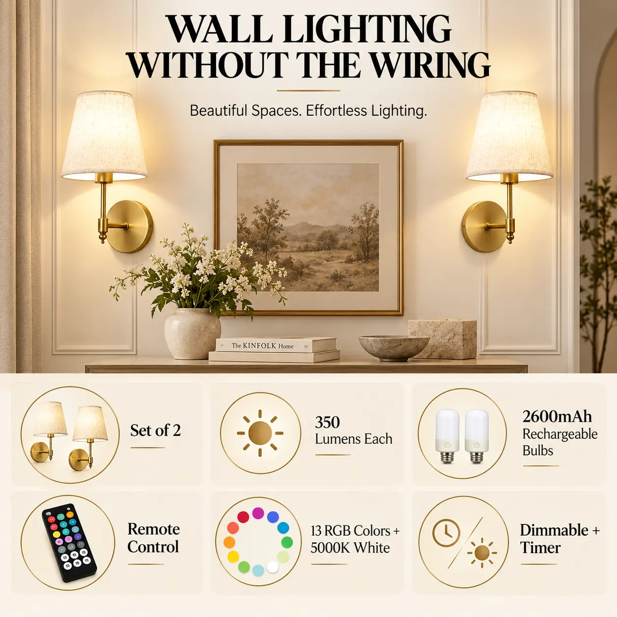 Rechargeable Cordless Wall Sconces with Remote, Set of 2: wall Lighting Without Wiring