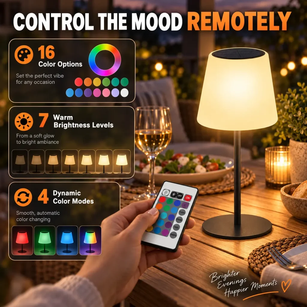 Rechargeable Solar Table Lamp with Remote: remote Color Controls