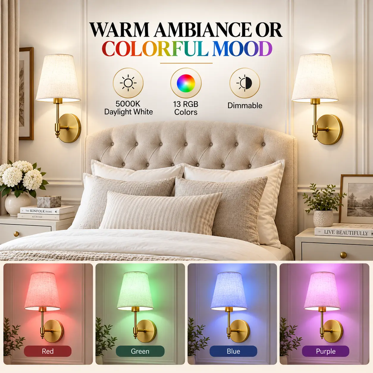 Rechargeable Cordless Wall Sconces with Remote, Set of 2: warm White and RGB Mood Lighting