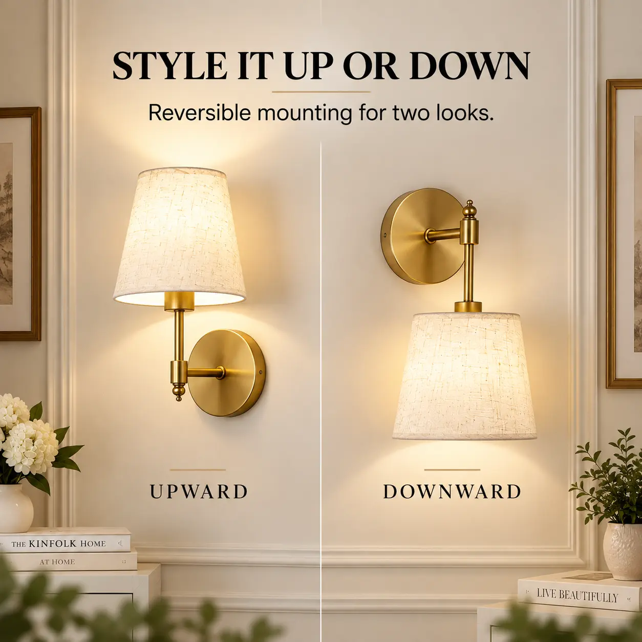 Rechargeable Cordless Wall Sconces with Remote, Set of 2: reversible Shade Mounting