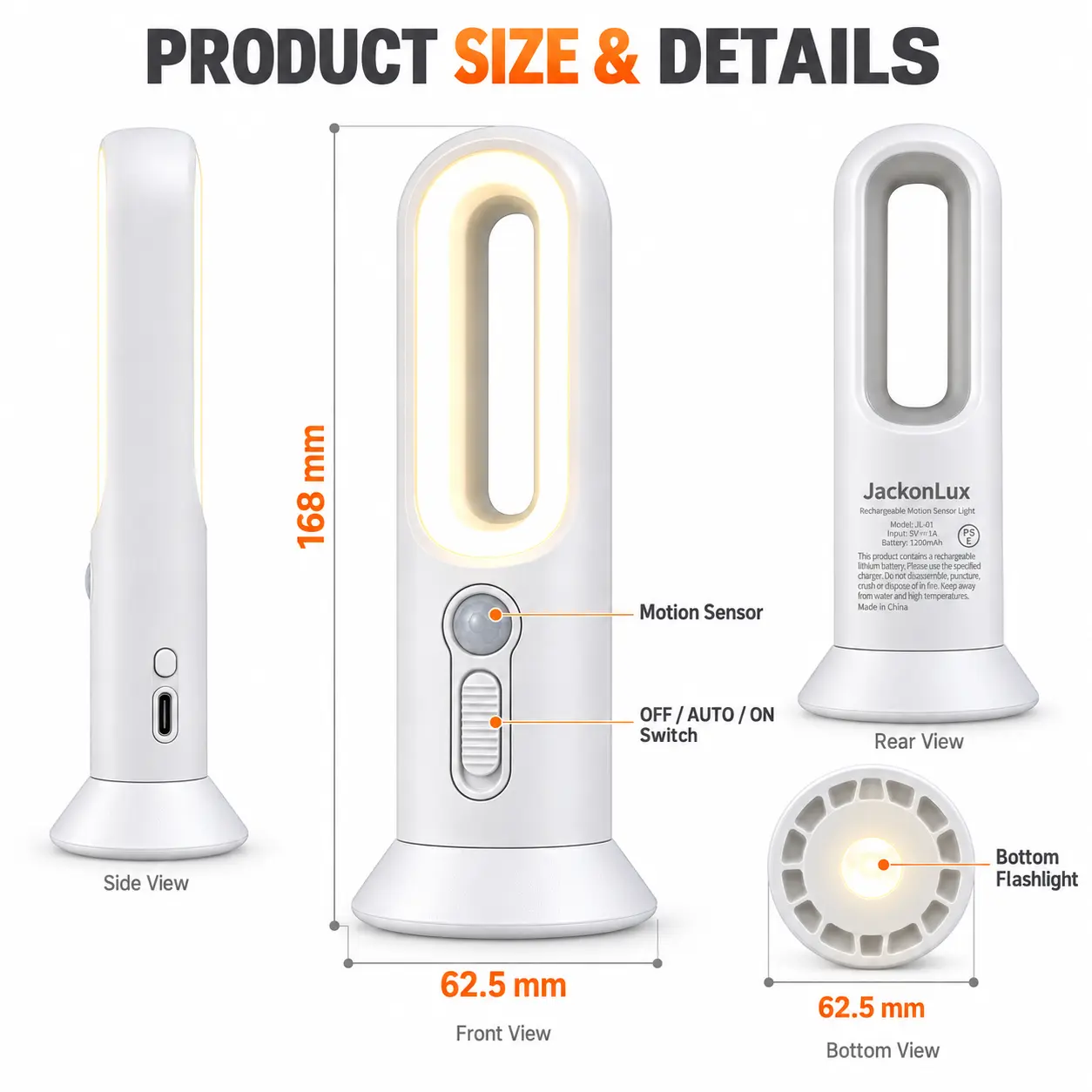 Rechargeable Motion Sensor Night Light Flashlights, 2 Pack: dimensions and Product Details