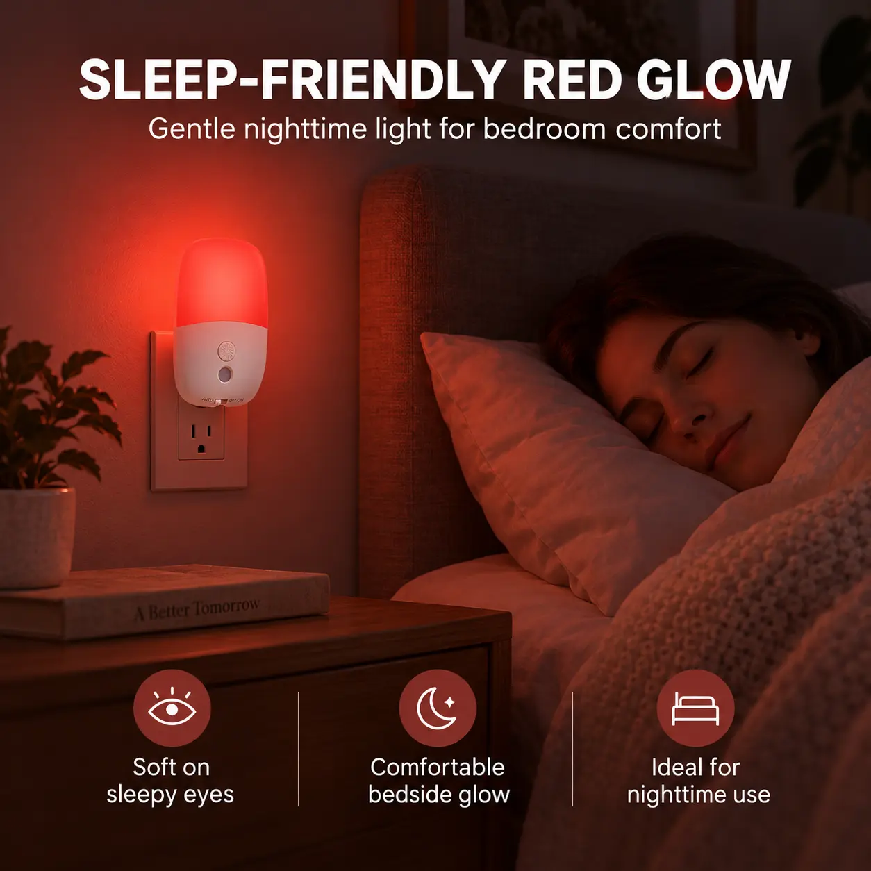 670nm Red Night Light with Retractable Plug, 2 Pack: sleep-Friendly Red Glow