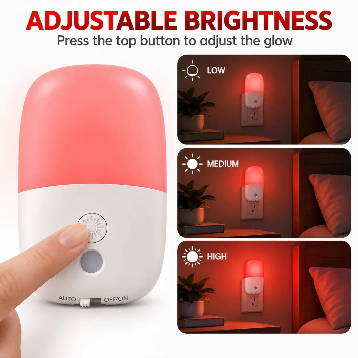 670nm Red Night Light with Retractable Plug, 2 Pack: adjustable Brightness