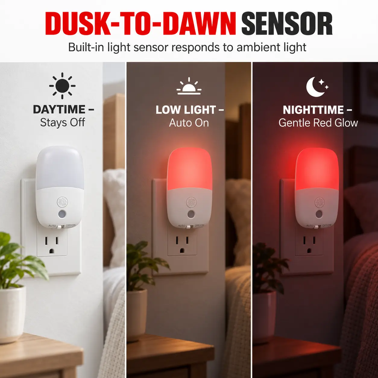 670nm Red Night Light with Retractable Plug, 2 Pack: dusk-to-Dawn Sensor