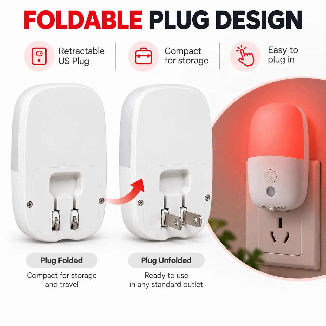670nm Red Night Light with Retractable Plug, 2 Pack: foldable Plug Design