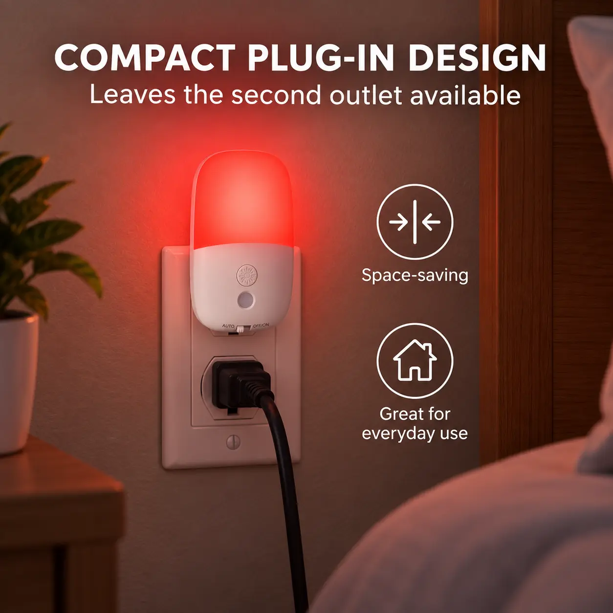 670nm Red Night Light with Retractable Plug, 2 Pack: compact Plug-In Design