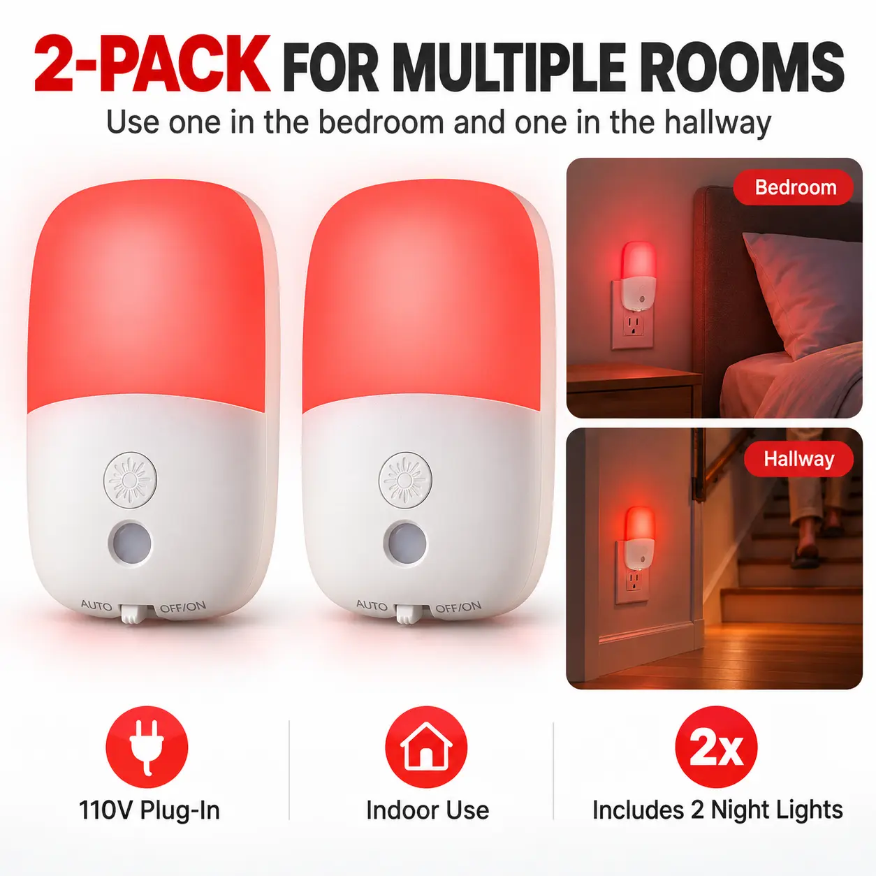 670nm Red Night Light with Retractable Plug, 2 Pack: two-Pack Multi-Room Use