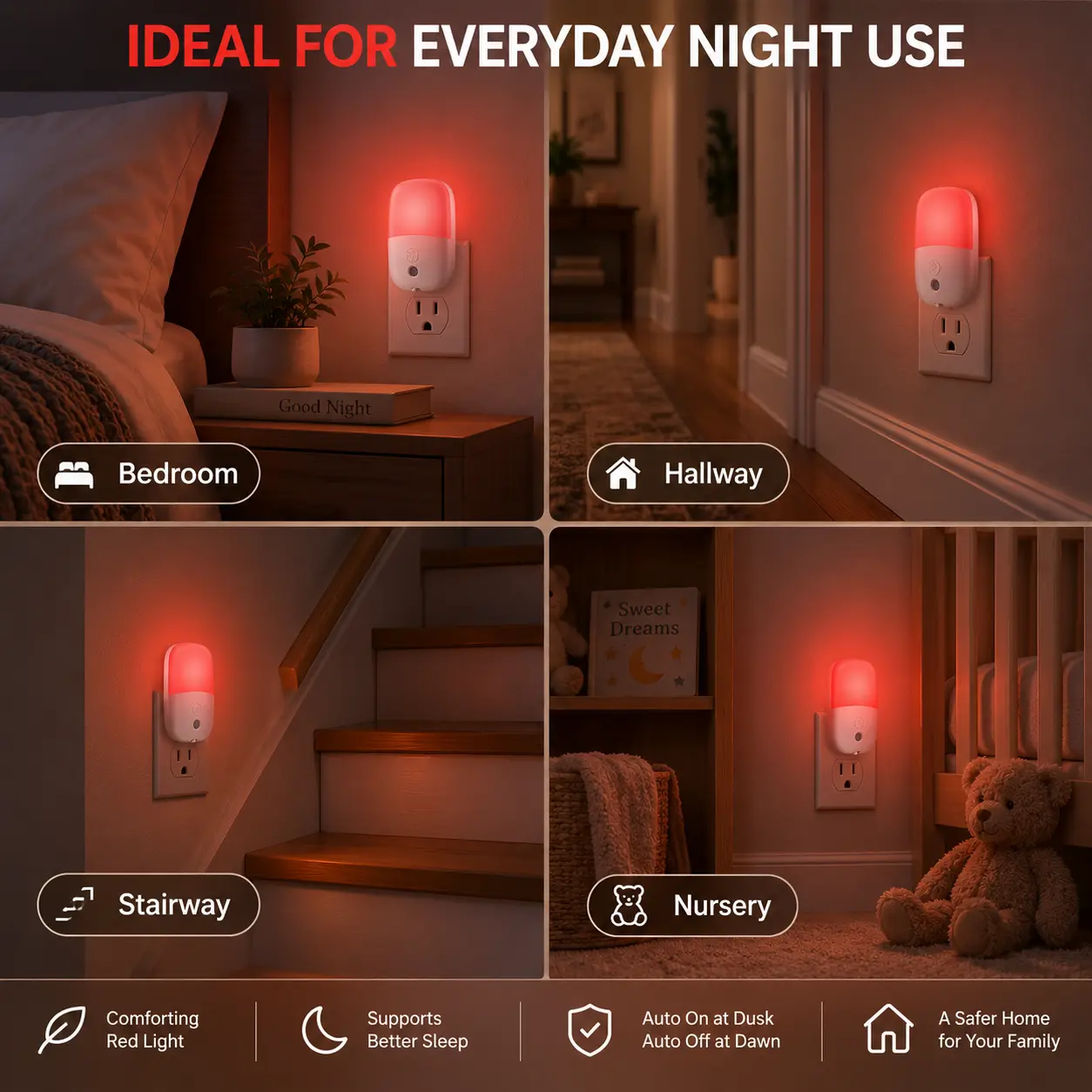 670nm Red Night Light with Retractable Plug, 2 Pack: everyday Night Use