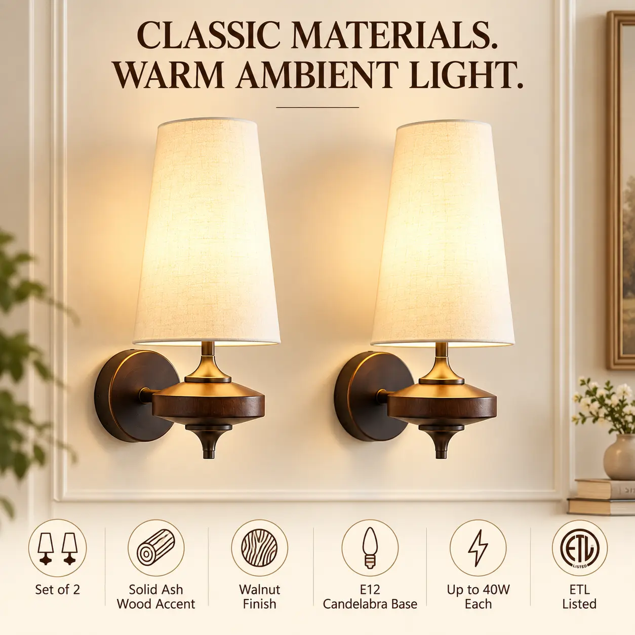 Retro Wall Sconces Set of 2 with Walnut Wood & Fabric Shades: classic Material Details