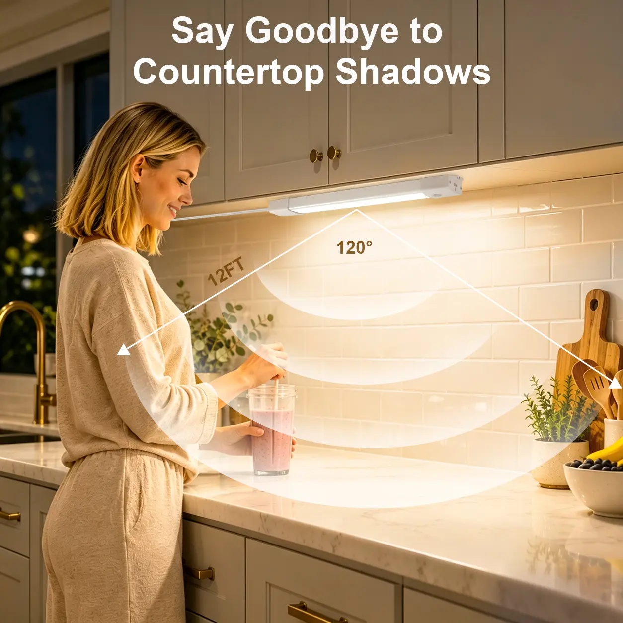 White LED under cabinet light illuminating a kitchen countertop with warm white task lighting.