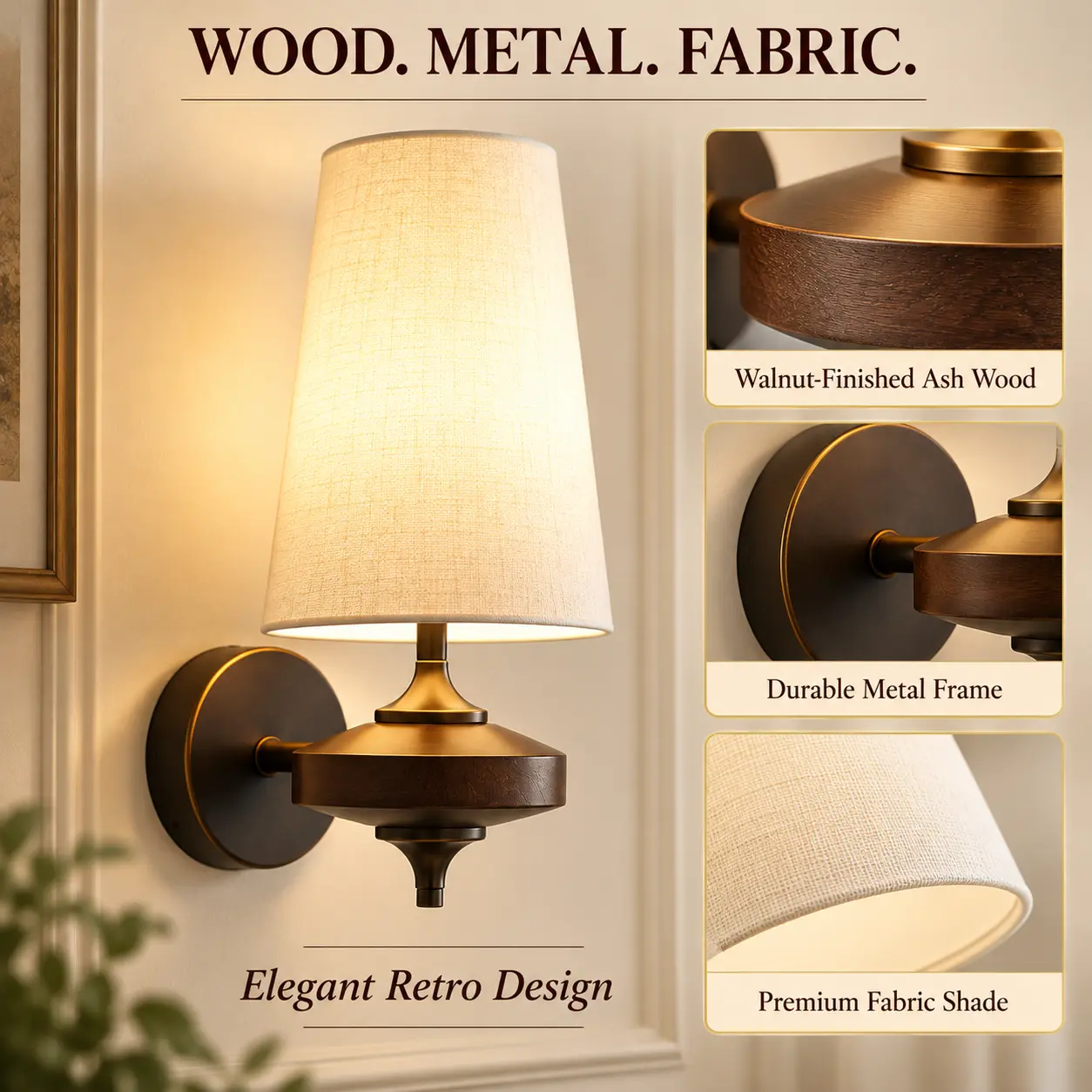 Retro Wall Sconces Set of 2 with Walnut Wood & Fabric Shades: wood Metal and Fabric Details