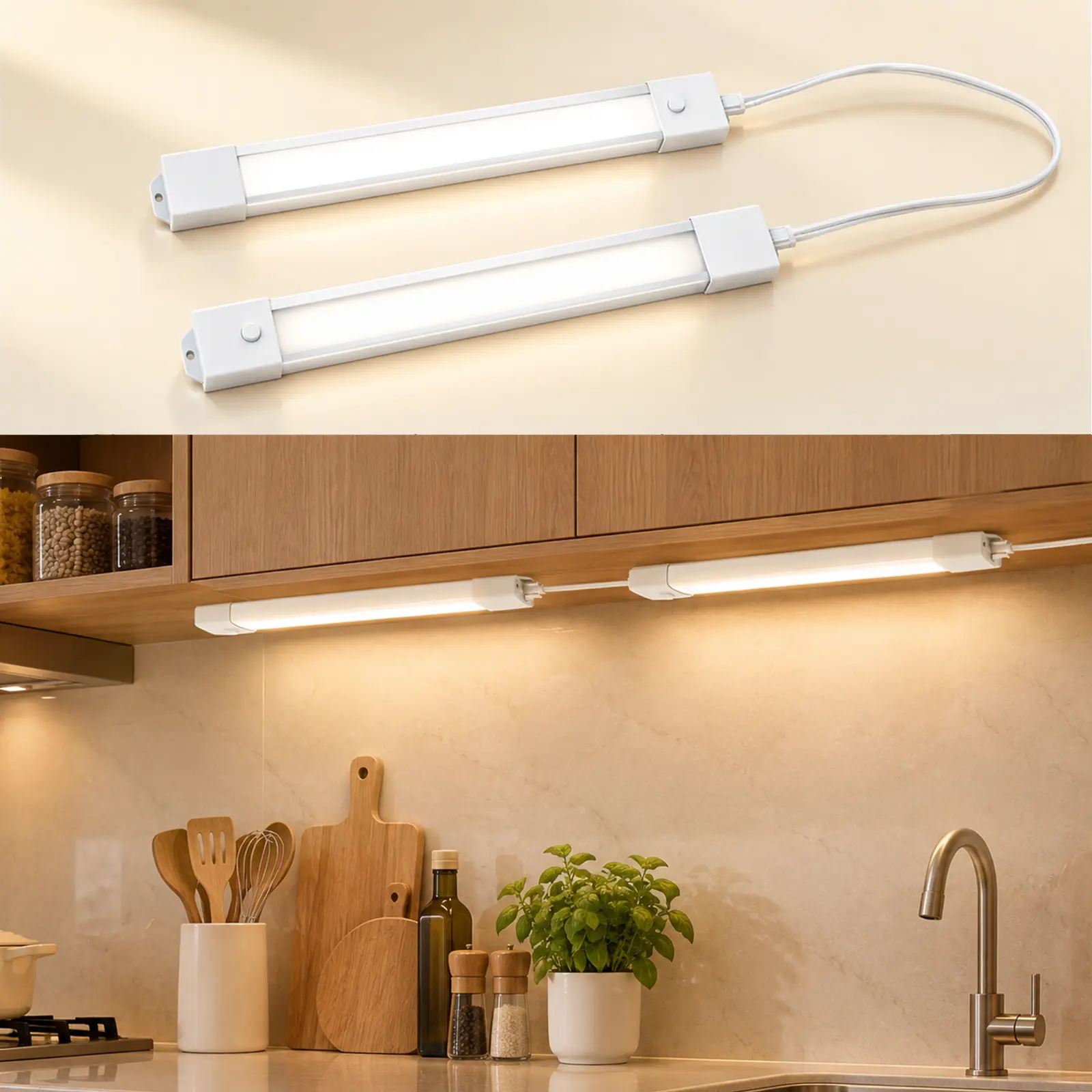 Two white LED under cabinet light bars with connecting cables, shown above an installed kitchen lighting setup.