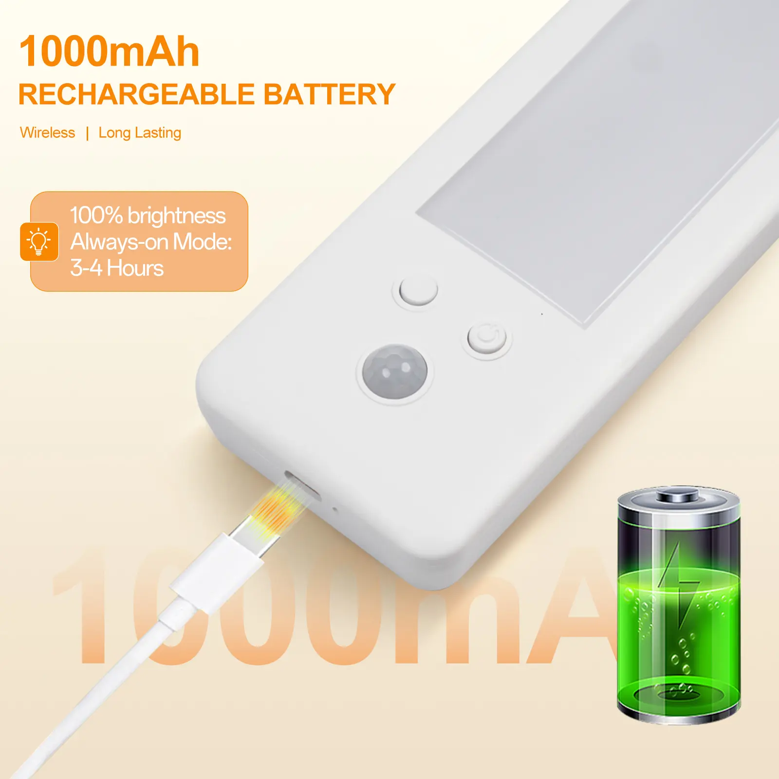 Rechargeable cabinet light with 1000mAh battery and USB-C charging connection