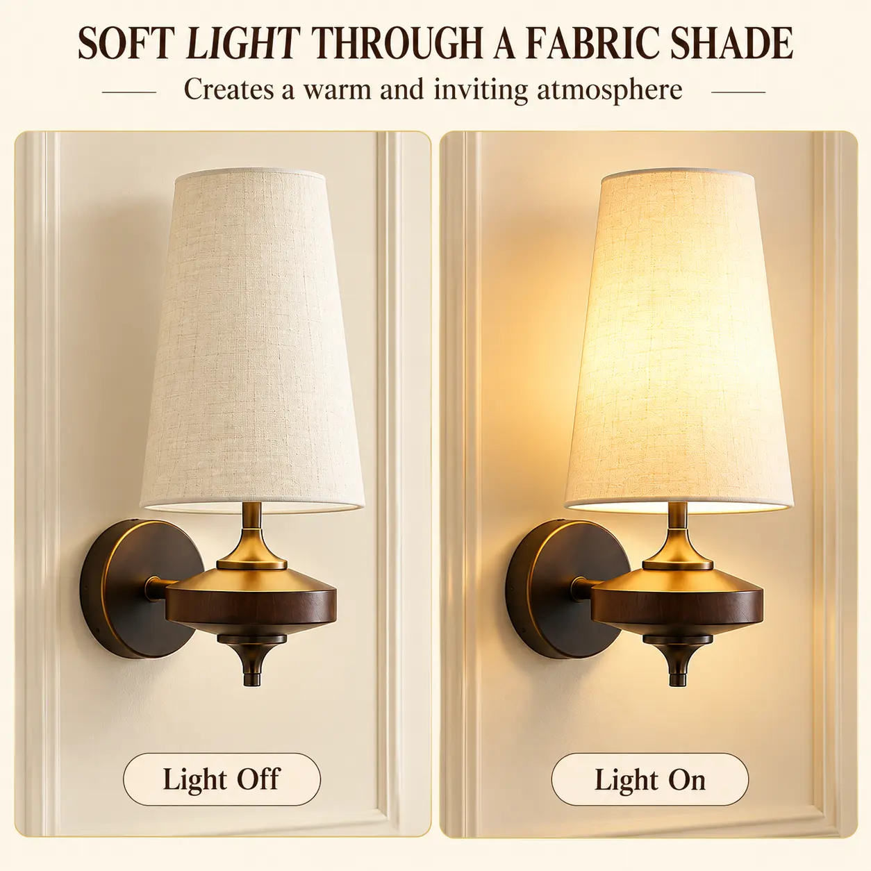 Retro Wall Sconces Set of 2 with Walnut Wood & Fabric Shades: soft Fabric Shade Lighting