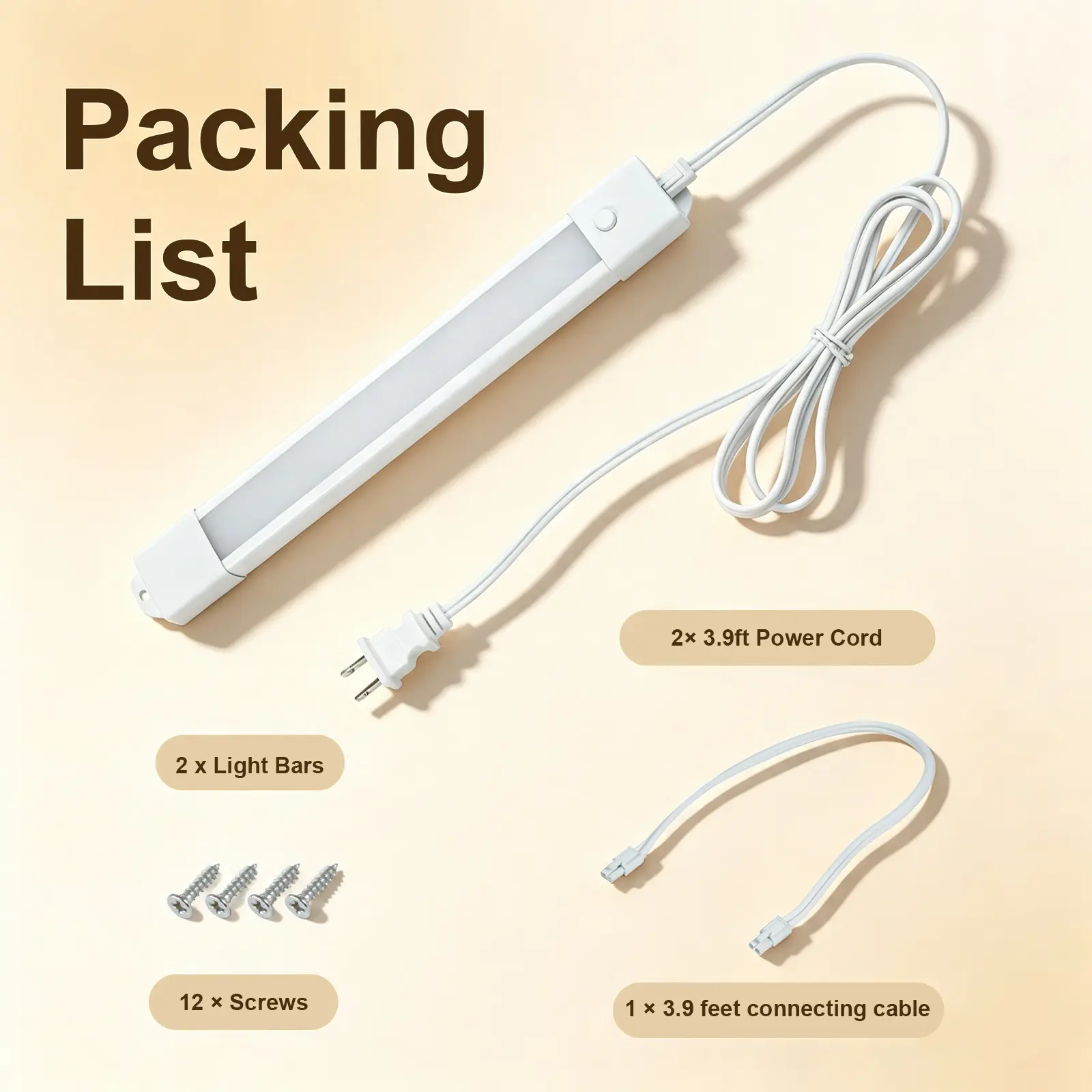 LED under cabinet light bar with power cord, connecting cable, and mounting screws displayed in a kit illustration.