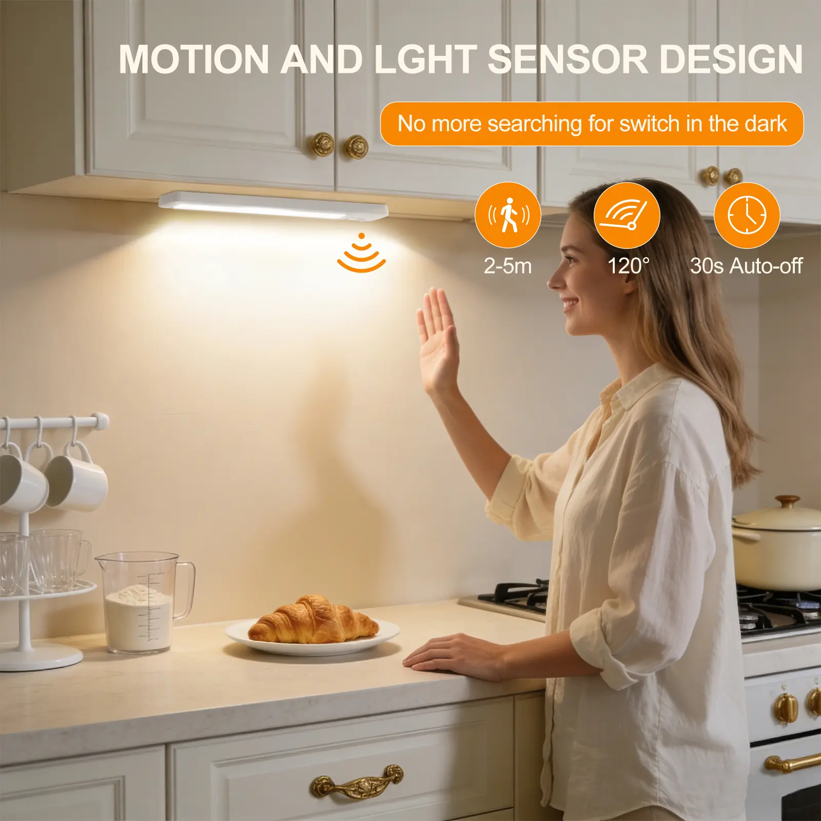 Motion sensor under cabinet light illuminating a kitchen counter with automatic detection