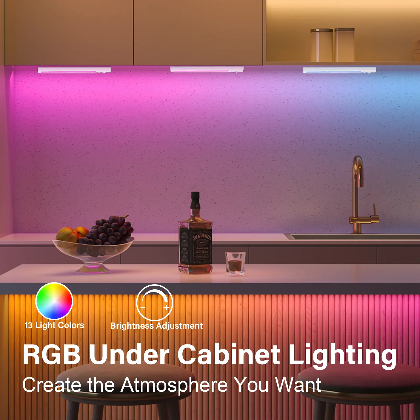 Colorful RGB under cabinet lights creating pink, purple and blue kitchen accent lighting