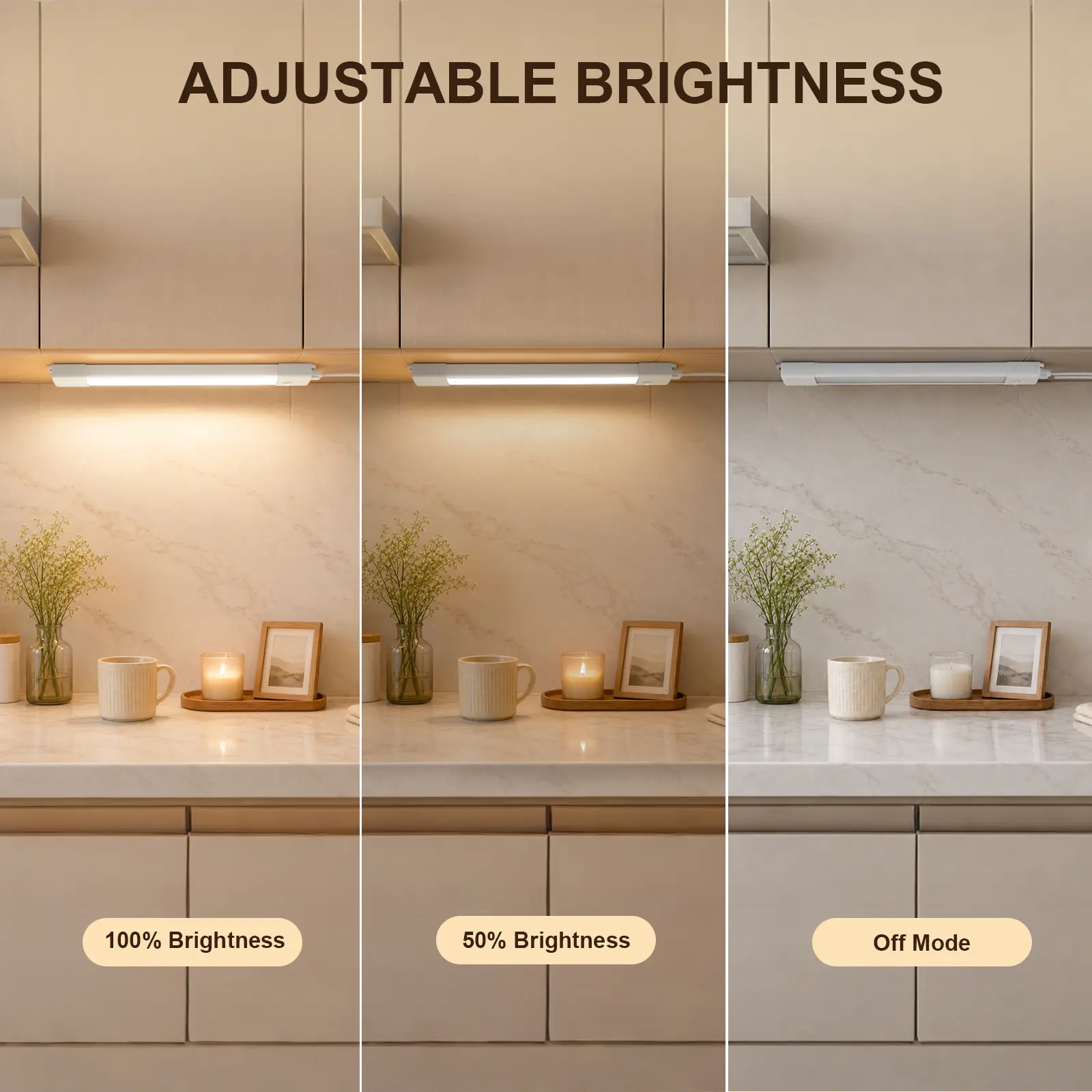 Under cabinet LED light demonstrating 100 percent brightness, 50 percent brightness, and off settings.